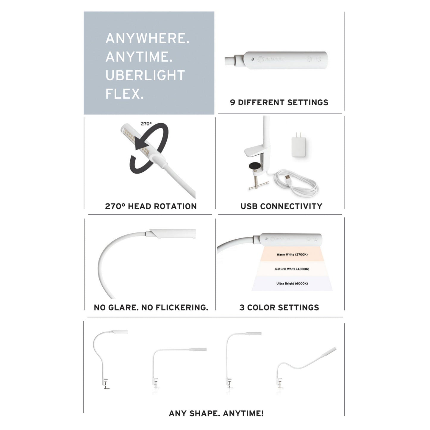 Reliable Corp.: UberLight Flex Turntable Task Lamp - White / Clamp Model